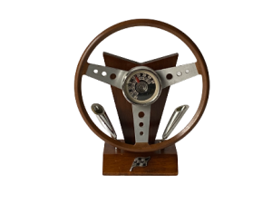 Mid Century Wooden Desk Organiser In Steering Wheel Shape